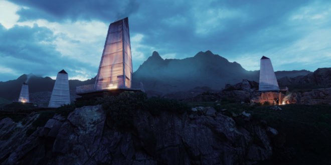 a somewhat translucent towering pyramind-like structure on a rugged landscape