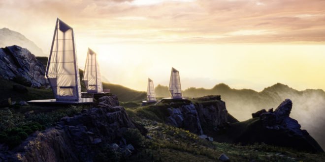 a series of fabric-covered structures on rugged landscape