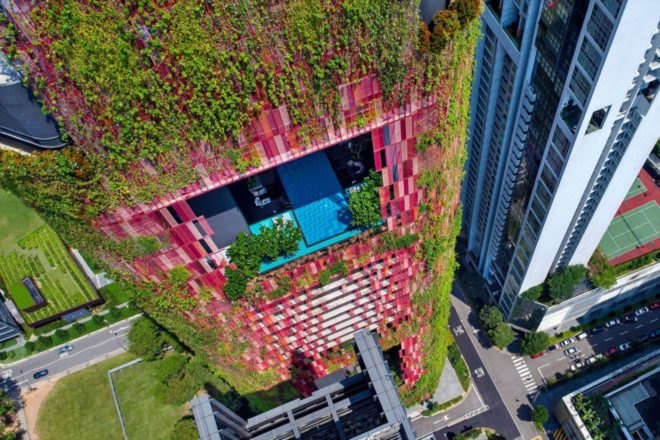 aerial view of one of the outdoor terraces and red mesh cladding