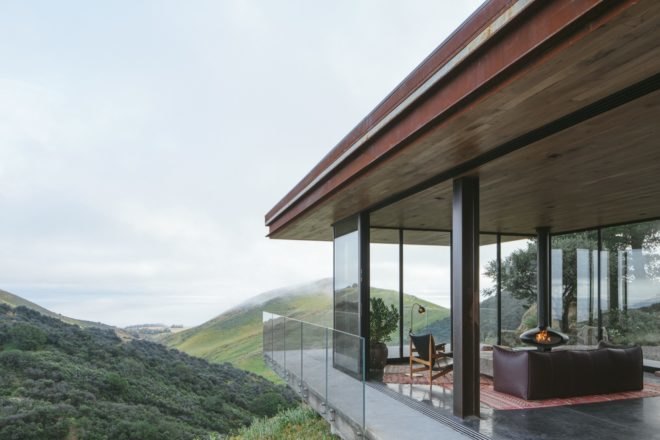 cantilevered balcony overlooking green hills