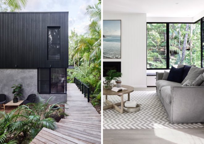On the left, wooden walkway from home to the rainforest. On the right, gray couch and chevron rug in a bright white living space