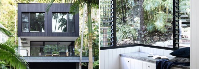 On the left, multi-story black home with large windows. On the right, small reading nook with large glass walls revealing the rainforest.