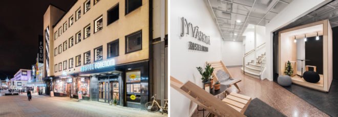 On the left, exterior of hotel lit up at night. On the right, lobby area decorated with light wood and black furnishings.