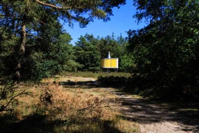 round yellow pavilion on metal supports in forest landscape