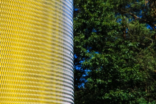 close up of pvc exterior clad in aluminum mesh