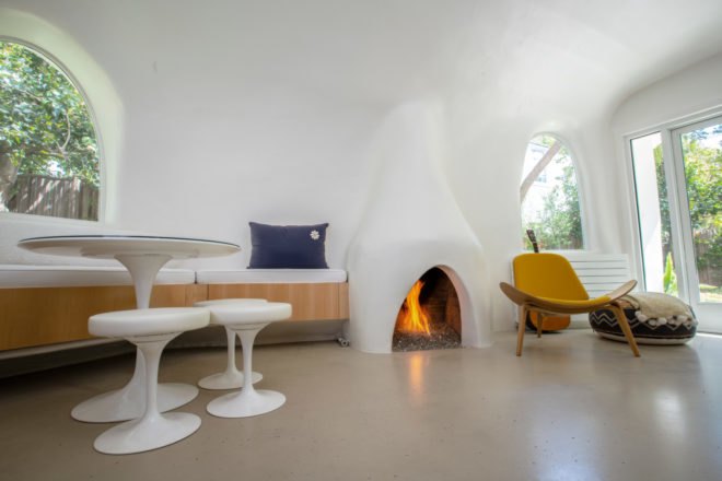 a living space with fireplace