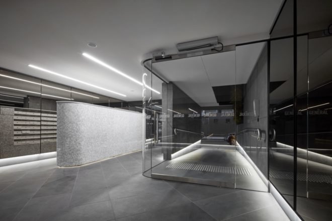 modern entryway with metallic paneling