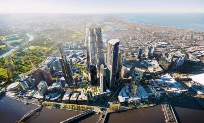 aerial rendering of tower and post industrial development