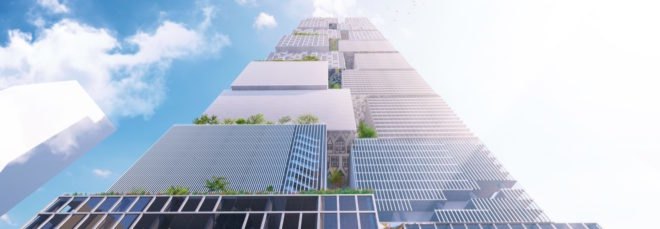 looking up at a tall skyscraper