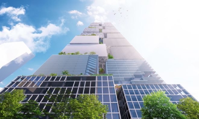 looking up at a tall skyscraper