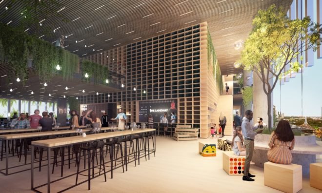 rendering of a restaurant with tables and greenery