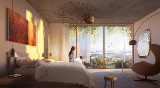 rendering of an apartment with bed, woman, and panoramic city views
