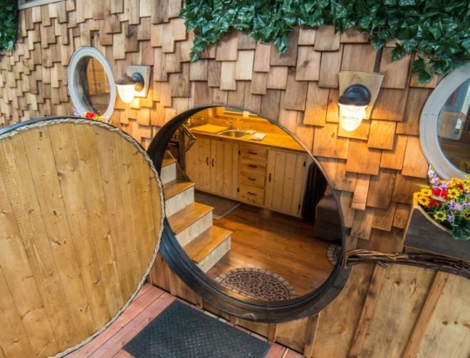 close-up of open wooden circular door