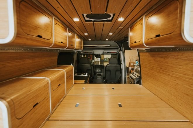 wooden interior of converted van