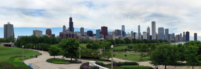 Park in foreground and Chicago city skyline in background