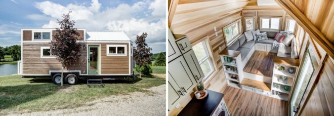 On the left, wood-sided tiny home. On the right, aerial view of the living space.