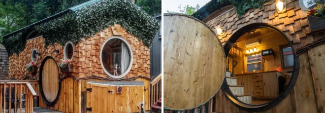 On the left, wood and ivy-covered tiny home. On the right, close-up of wood circular door open to wood-clad interior kitchen and living area.