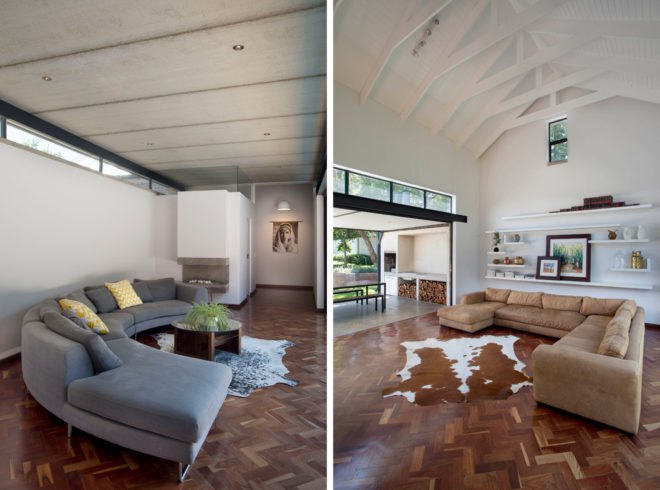 On the left, curved gray couch in a white room. On the right, tan sectional sofa in a white room with tall ceilings.