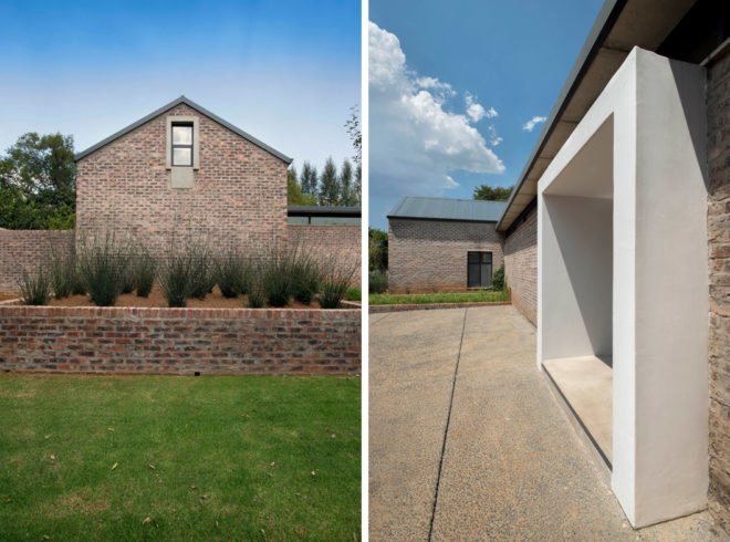 On the left, plants in a raised garden with brick walls. On the right, bright white square entrance on outside of brick home.