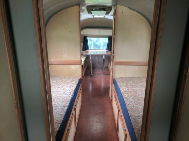 before photos of an old, dark airstream interior