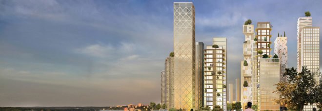 Rendering of tall wooden skyscrapers near water