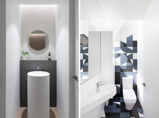 On the left, tall cylindrical bathroom sink. On the right, playful blue tiles in a bathroom with a toilet and small sink