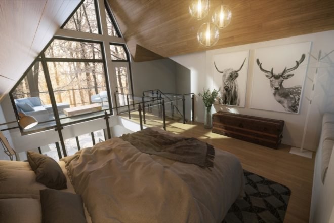 bedroom with brown bedding, chandelier, large windows and two pieces of wall art with animal photographs