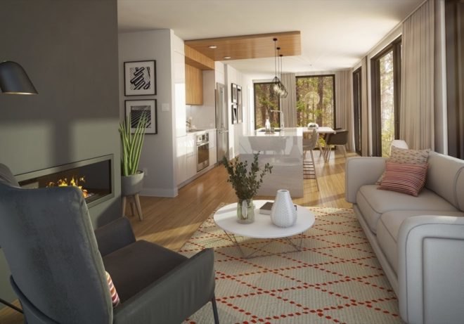 living room with light leather couch, gray fabric chair, round white coffee table and modern in-wall fireplace