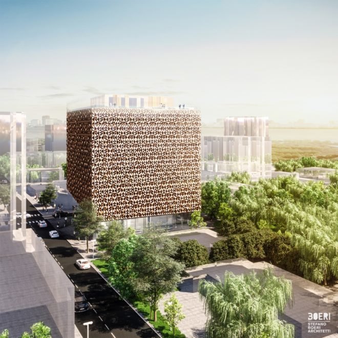 aluminum cube building rendering