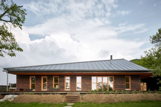 dark timber home with sloped roof