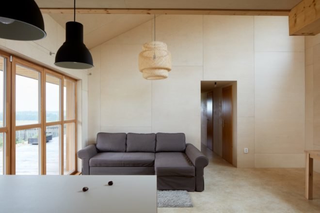 dark gray sectional sofa in a light wood lined room