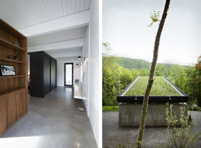 On the left, hallway with wood bookshelf. On the right, green roof of home facing forested landscape.