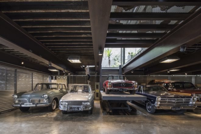 vintage cars in a garage