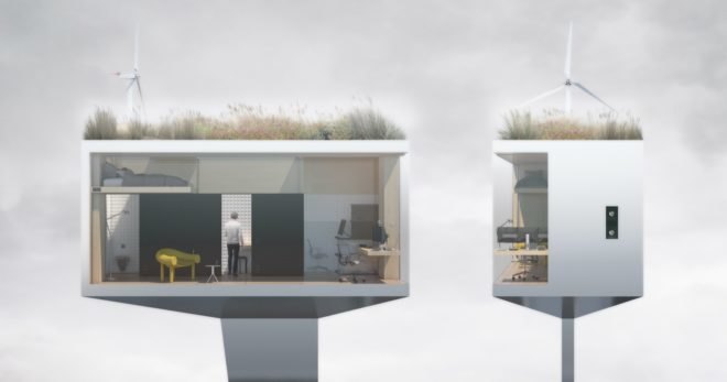 section view renderings of tiny gray cabin with green roof and wind turbine