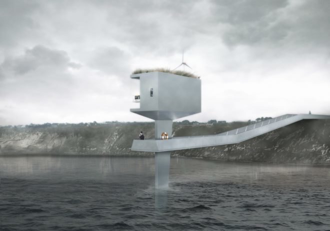 rendering of gray cabin with grassy roof and wind turbine elevated above sea via stilt