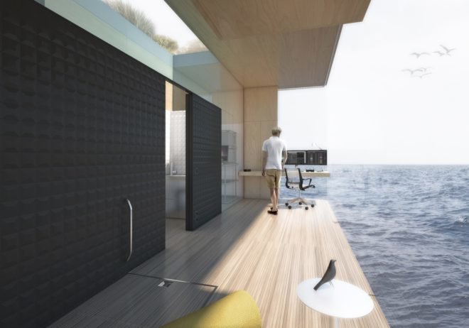 rendering of person on a deck at a computer desk