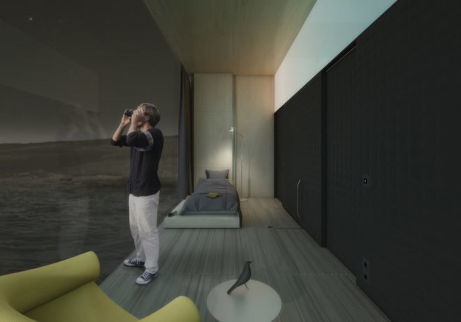 rendering of person in narrow room with glass wall looking out to sea with binoculars