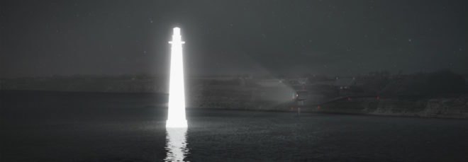 cropped close-up of rendering of small cabin emitting tall hologram of a lighthouse at night