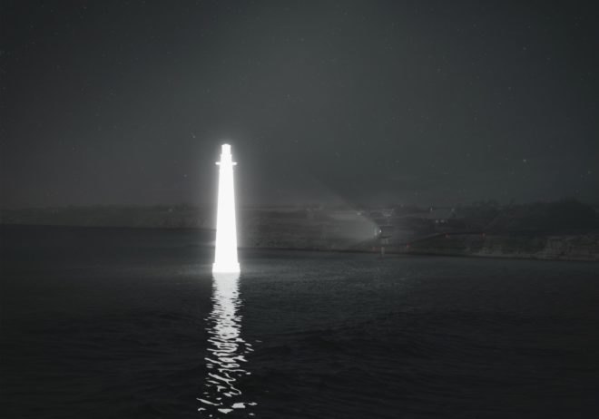 rendering of small cabin emitting tall hologram of a lighthouse at night