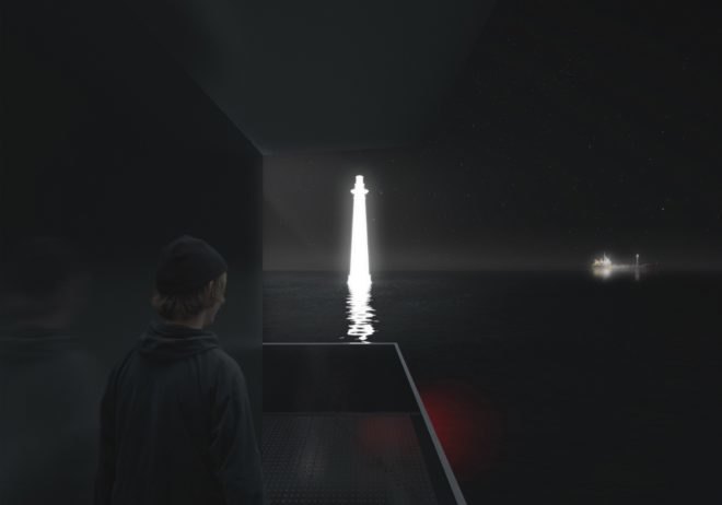 rendering of person on a deck looking out to sea toward a tall hologram lighthouse