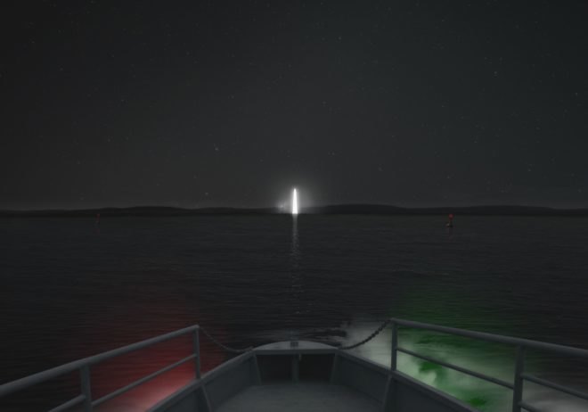 rendering of boat facing hologram of a lighthouse