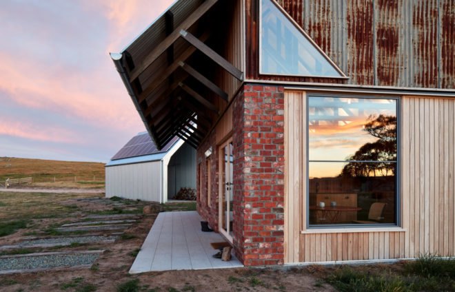Close-up of brick and timber siding