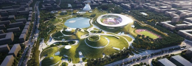 cropped close-up of aerial view rendering of green, hilly landscape with trees and stadiums