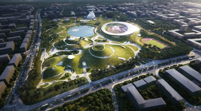 aerial view rendering of green, hilly landscape with trees and stadiums