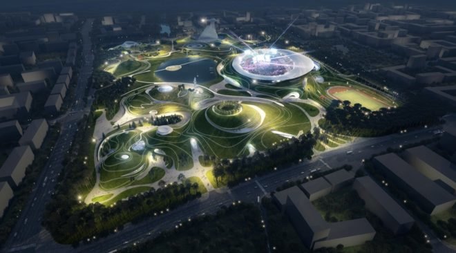 aerial view rendering of green, hilly landscape with trees and stadiums at night