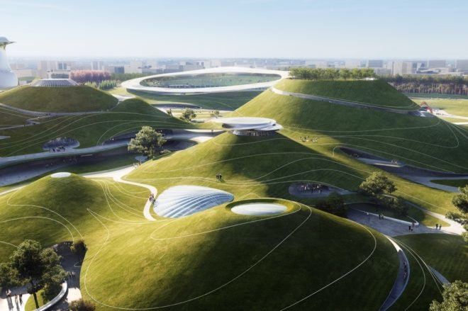 rendering of stadiums and structures disguised under undulating green roof