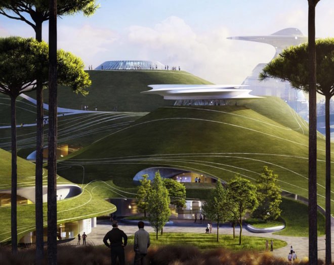 rendering of mountain-like buildings covered in green landscaping