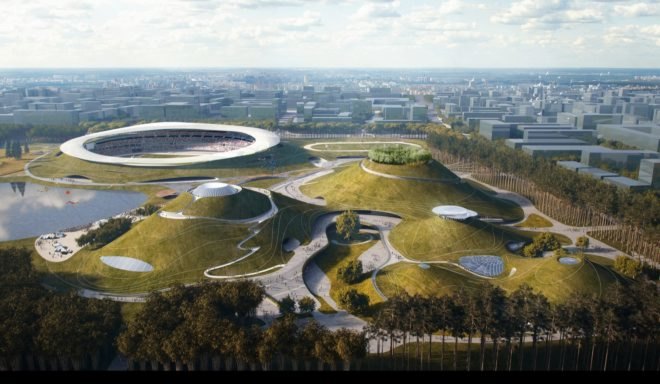 aerial view rendering of large circular stadium and several smaller stadiums covered in green landscaping