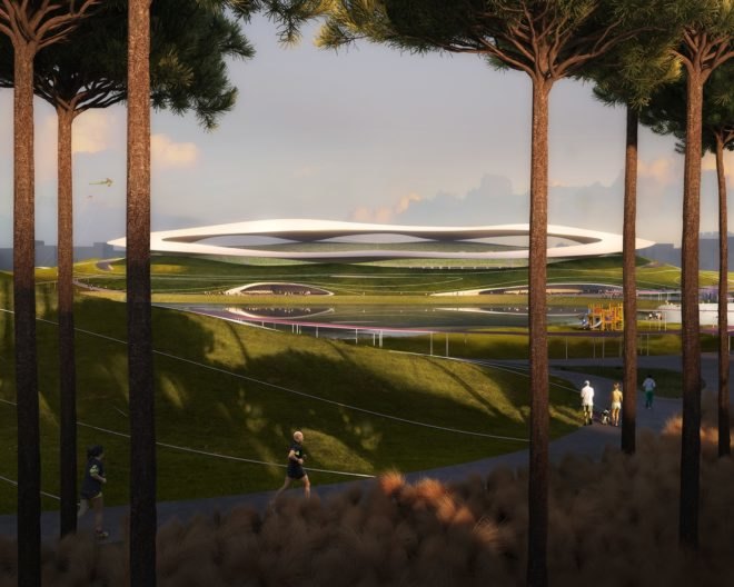 rendering of people running along a path surrounded by green hill-like buildings