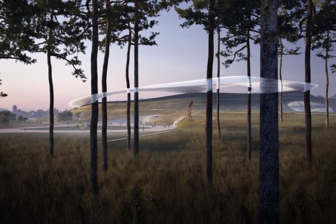 rendering of trees in foreground and white circular stadium in background